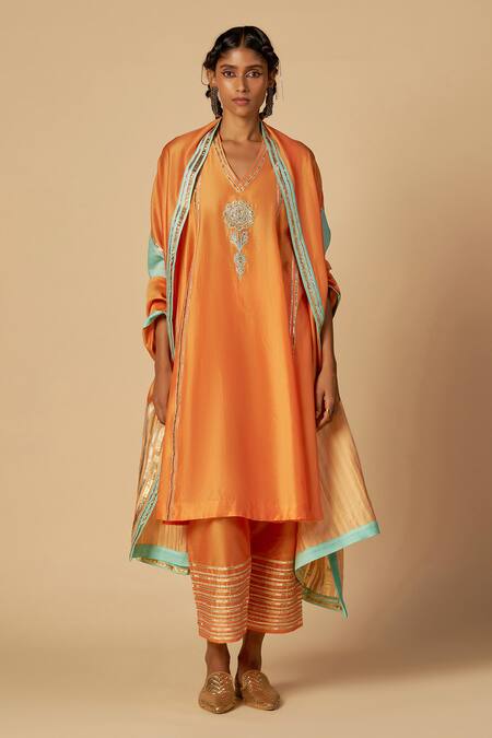 Shop Gulabo By Abu Sandeep Orange Chanderi Embroidery, Sequins, Zari V-neck Tunic Online at Aza Fashions Shop_Gulabo By Abu Sandeep_Orange Chanderi Embroidery, Sequins, Zari V-neck Tunic _Online_at_Aza_Fashions