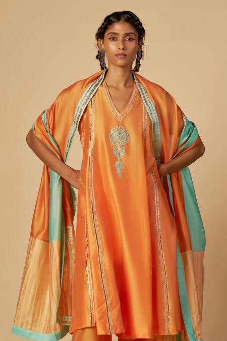 Gulabo By Abu Sandeep Orange Chanderi Embroidery, Sequins, Zari V-neck Tunic at Aza Fashions Gulabo By Abu Sandeep_Orange Chanderi Embroidery, Sequins, Zari V-neck Tunic _at_Aza_Fashions
