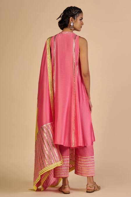 Gulabo By Abu Sandeep Pink Chanderi Embroidery, Zari, Gota Patti V-neck Tunic at Aza Fashions Gulabo By Abu Sandeep_Pink Chanderi Embroidery, Zari, Gota Patti V-neck Tunic _at_Aza_Fashions