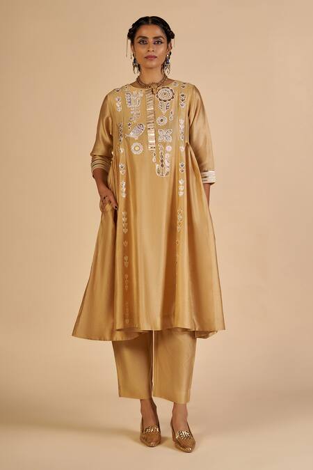 Buy Gulabo By Abu Sandeep Beige Chanderi Embroidery, Zari Round Neck Tunic Online at Aza Fashions Buy_Gulabo By Abu Sandeep_Beige Chanderi Embroidery, Zari Round Neck Tunic _Online_at_Aza_Fashions