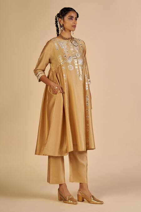 Shop Gulabo By Abu Sandeep Beige Chanderi Embroidery, Zari Round Neck Tunic Online at Aza Fashions Shop_Gulabo By Abu Sandeep_Beige Chanderi Embroidery, Zari Round Neck Tunic _Online_at_Aza_Fashions