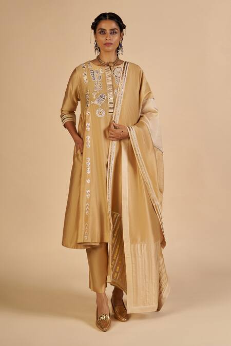 Buy Gulabo By Abu Sandeep Beige Chanderi Embroidery, Zari Round Neck Tunic Buy_Gulabo By Abu Sandeep_Beige Chanderi Embroidery, Zari Round Neck Tunic