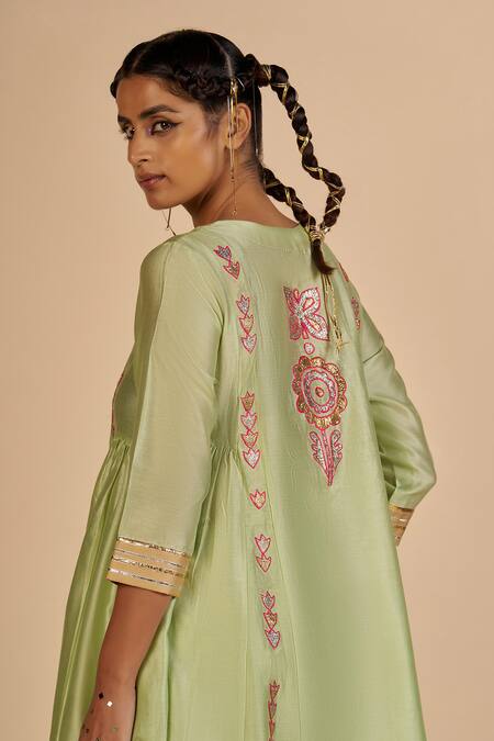 Buy Gulabo By Abu Sandeep Green Chanderi Embroidery, Metallic Thread, Zari Round Neck Tunic Online at Aza Fashions Buy_Gulabo By Abu Sandeep_Green Chanderi Embroidery, Metallic Thread, Zari Round Neck Tunic _Online_at_Aza_Fashions