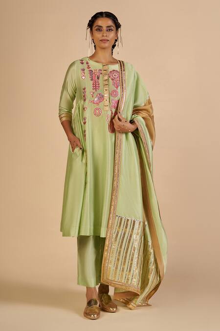 Buy Gulabo By Abu Sandeep Green Chanderi Embroidery, Metallic Thread, Zari Round Neck Tunic Buy_Gulabo By Abu Sandeep_Green Chanderi Embroidery, Metallic Thread, Zari Round Neck Tunic