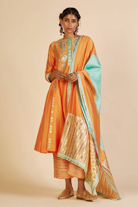 Shop Gulabo By Abu Sandeep Orange Chanderi Embroidery, Zari Round Neck Tunic Online at Aza Fashions Shop_Gulabo By Abu Sandeep_Orange Chanderi Embroidery, Zari Round Neck Tunic _Online_at_Aza_Fashions