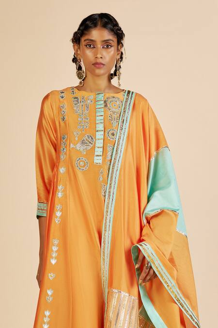 Gulabo By Abu Sandeep Orange Chanderi Embroidery, Zari Round Neck Tunic at Aza Fashions Gulabo By Abu Sandeep_Orange Chanderi Embroidery, Zari Round Neck Tunic _at_Aza_Fashions