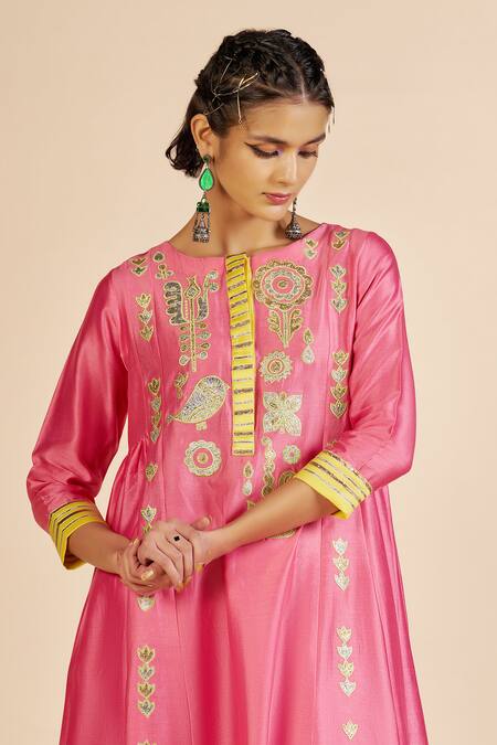 Buy Gulabo By Abu Sandeep Pink Chanderi Embroidery, Metallic Thread Round Neck Tunic Online at Aza Fashions Buy_Gulabo By Abu Sandeep_Pink Chanderi Embroidery, Metallic Thread Round Neck Tunic _Online_at_Aza_Fashions