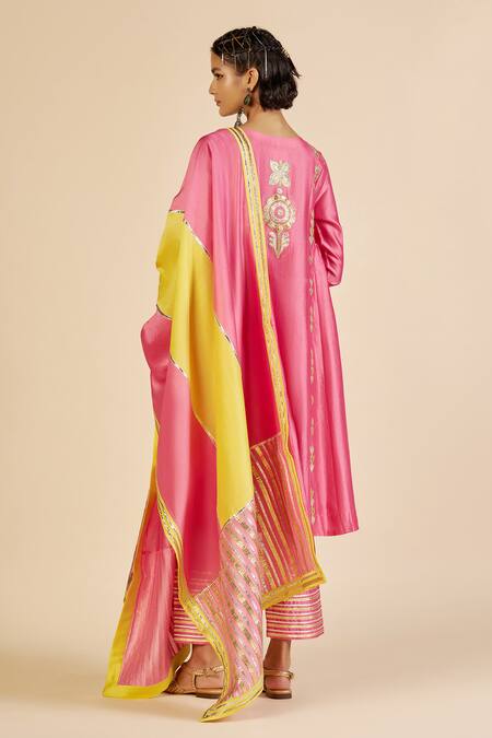 Shop Gulabo By Abu Sandeep Pink Chanderi Embroidery, Metallic Thread Round Neck Tunic Online at Aza Fashions Shop_Gulabo By Abu Sandeep_Pink Chanderi Embroidery, Metallic Thread Round Neck Tunic _Online_at_Aza_Fashions
