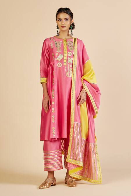 Buy Gulabo By Abu Sandeep Pink Chanderi Embroidery, Metallic Thread Round Neck Tunic Buy_Gulabo By Abu Sandeep_Pink Chanderi Embroidery, Metallic Thread Round Neck Tunic