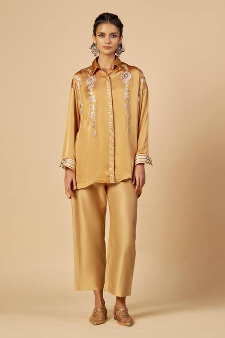 Buy Gulabo By Abu Sandeep Beige Chanderi Embroidery, Sequins, Metallic Thread Collared Shirt Online at Aza Fashions Buy_Gulabo By Abu Sandeep_Beige Chanderi Embroidery, Sequins, Metallic Thread Collared Shirt _Online_at_Aza_Fashions