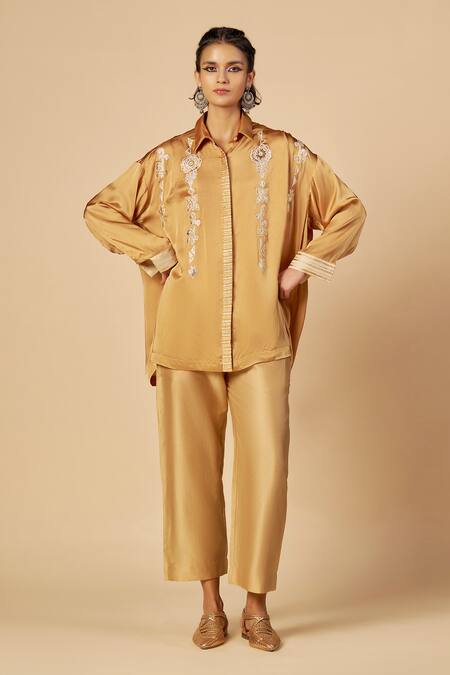 Shop Gulabo By Abu Sandeep Beige Chanderi Embroidery, Sequins, Metallic Thread Collared Shirt Online at Aza Fashions Shop_Gulabo By Abu Sandeep_Beige Chanderi Embroidery, Sequins, Metallic Thread Collared Shirt _Online_at_Aza_Fashions