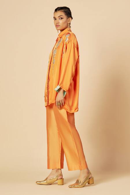 Gulabo By Abu Sandeep Orange Chanderi Embroidery Collared Button Down Shirt Online at Aza Fashions Gulabo By Abu Sandeep_Orange Chanderi Embroidery Collared Button Down Shirt _Online_at_Aza_Fashions