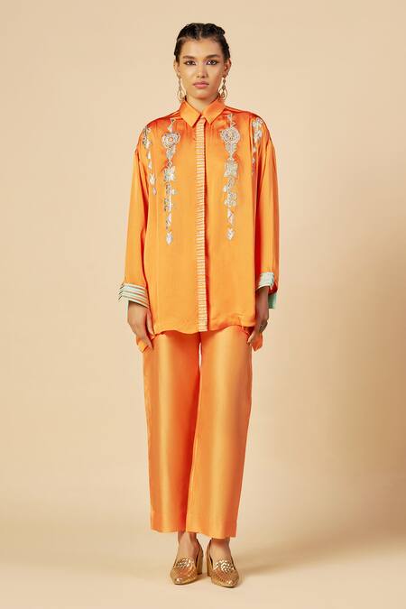 Buy Gulabo By Abu Sandeep Orange Chanderi Embroidery Collared Button Down Shirt Online at Aza Fashions Buy_Gulabo By Abu Sandeep_Orange Chanderi Embroidery Collared Button Down Shirt _Online_at_Aza_Fashions