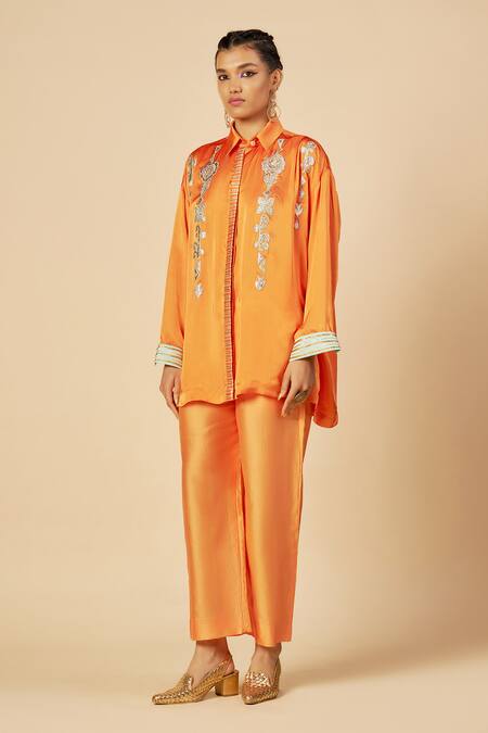Shop Gulabo By Abu Sandeep Orange Chanderi Embroidery Collared Button Down Shirt Online at Aza Fashions Shop_Gulabo By Abu Sandeep_Orange Chanderi Embroidery Collared Button Down Shirt _Online_at_Aza_Fashions