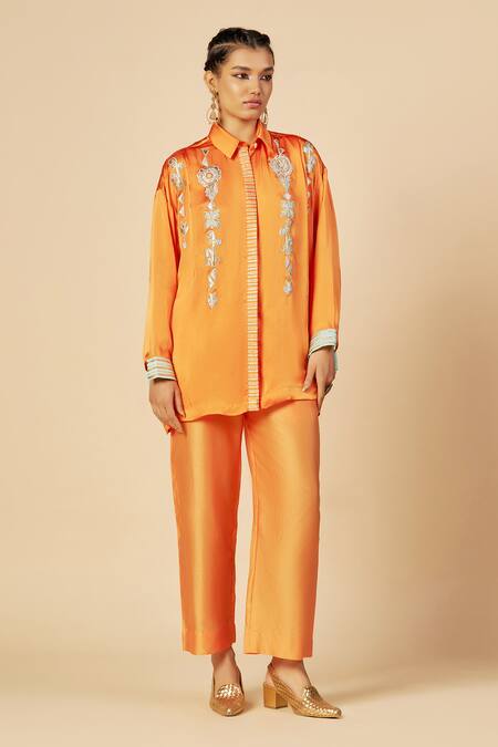 Gulabo By Abu Sandeep Orange Chanderi Embroidery Collared Button Down Shirt at Aza Fashions Gulabo By Abu Sandeep_Orange Chanderi Embroidery Collared Button Down Shirt _at_Aza_Fashions