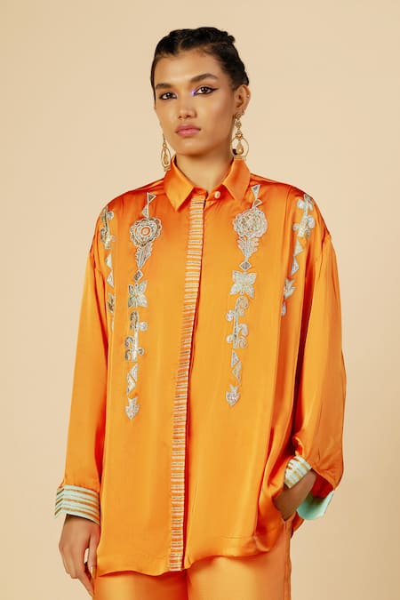 Gulabo By Abu Sandeep Chanderi Embroidered Button Down Shirt