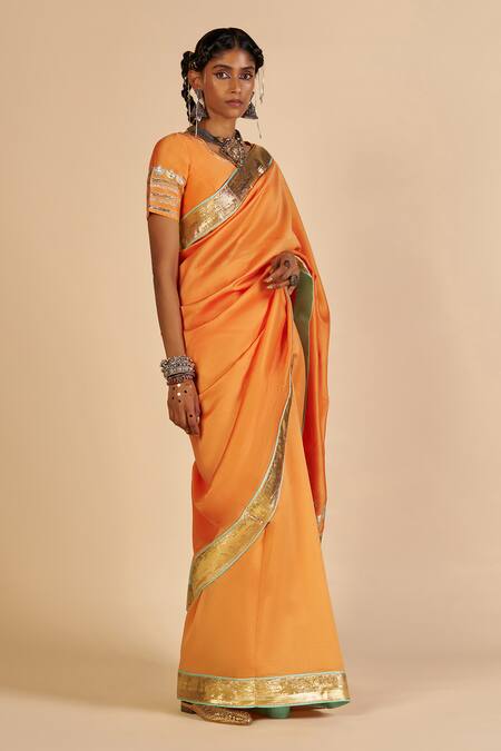 Gulabo By Abu Sandeep Orange Chanderi Zari, Foil Printing Bordered Saree Online at Aza Fashions Gulabo By Abu Sandeep_Orange Chanderi Zari, Foil Printing Bordered Saree _Online_at_Aza_Fashions