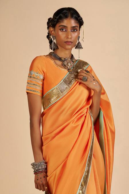 Gulabo By Abu Sandeep Orange Chanderi Zari, Foil Printing Bordered Saree at Aza Fashions Gulabo By Abu Sandeep_Orange Chanderi Zari, Foil Printing Bordered Saree _at_Aza_Fashions