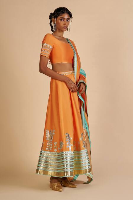 Gulabo By Abu Sandeep Orange Chanderi Embroidery, Metallic Thread, Gota Patti, Zari Skirt Online at Aza Fashions Gulabo By Abu Sandeep_Orange Chanderi Embroidery, Metallic Thread, Gota Patti, Zari Skirt _Online_at_Aza_Fashions