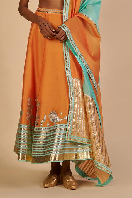 Gulabo By Abu Sandeep Orange Chanderi Embroidery, Metallic Thread, Gota Patti, Zari Skirt at Aza Fashions Gulabo By Abu Sandeep_Orange Chanderi Embroidery, Metallic Thread, Gota Patti, Zari Skirt _at_Aza_Fashions