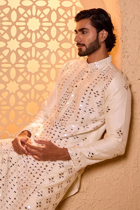 Buy_Shreyansh Designs_Off White Dupion, Silk Mirrors, Embroidery Varunesh Work Kurta And Pant Set _Online_at_Aza_Fashions