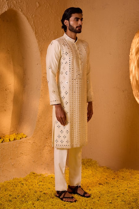 Shop_Shreyansh Designs_Off White Dupion, Silk Mirrors, Embroidery Varunesh Work Kurta And Pant Set _Online_at_Aza_Fashions