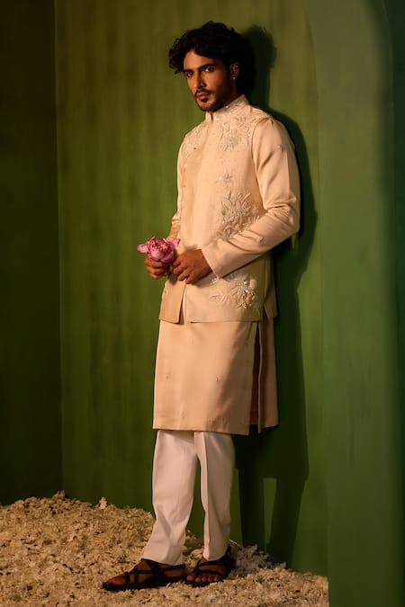 Shreyansh Designs Rose Gold Dupion, Silk Embroidery Bhuvan Floral Bundi And Kurta Set Online at Aza Fashions Shreyansh Designs_Rose Gold Dupion, Silk Embroidery Bhuvan Floral Bundi And Kurta Set _Online_at_Aza_Fashions