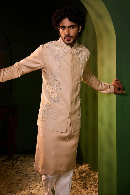Buy Shreyansh Designs Rose Gold Dupion, Silk Embroidery Bhuvan Floral Bundi And Kurta Set Online at Aza Fashions Buy_Shreyansh Designs_Rose Gold Dupion, Silk Embroidery Bhuvan Floral Bundi And Kurta Set _Online_at_Aza_Fashions