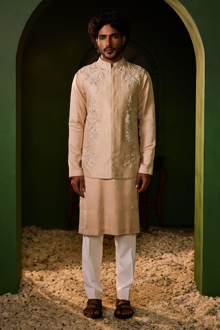 Shreyansh Designs Rose Gold Dupion, Silk Embroidery Bhuvan Floral Bundi And Kurta Set at Aza Fashions Shreyansh Designs_Rose Gold Dupion, Silk Embroidery Bhuvan Floral Bundi And Kurta Set _at_Aza_Fashions