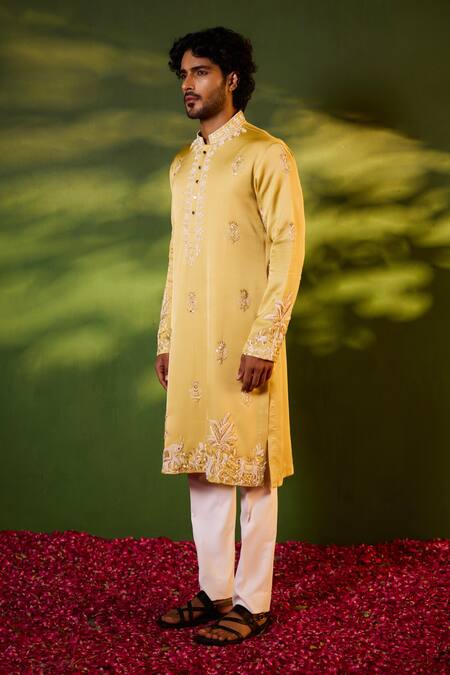 Shop_Shreyansh Designs_Gold Silk Embroidery Vinayak Elephant And Floral Kurta Set _Online_at_Aza_Fashions