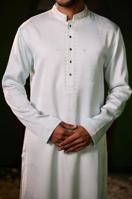 Shreyansh Designs_Blue Silk Embroidery Chandrodaya Hand Kurta Set _Online_at_Aza_Fashions