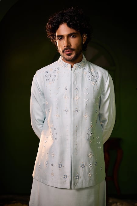 Shreyansh Designs_Sky Blue Dupion, Silk Embroidery Chandrakamal Bundi And Kurta Set _Online_at_Aza_Fashions
