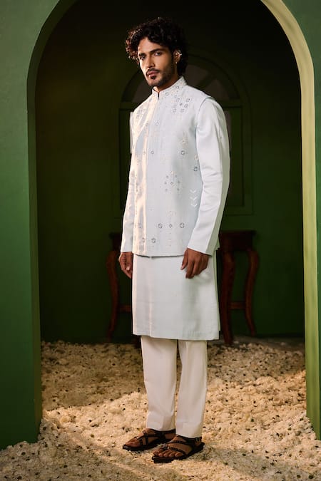 Shop_Shreyansh Designs_Sky Blue Dupion, Silk Embroidery Chandrakamal Bundi And Kurta Set _Online_at_Aza_Fashions