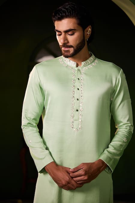 Shreyansh Designs_Green Silk Embroidery, Mirrors Avyukt Hand Kurta Set _Online_at_Aza_Fashions