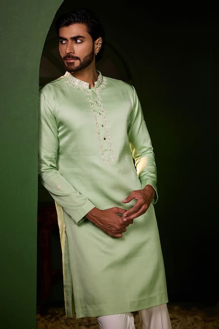 Buy_Shreyansh Designs_Green Silk Embroidery, Mirrors Avyukt Hand Kurta Set _Online_at_Aza_Fashions