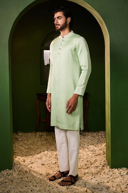 Shreyansh Designs_Green Silk Embroidery, Mirrors Avyukt Hand Kurta Set _at_Aza_Fashions