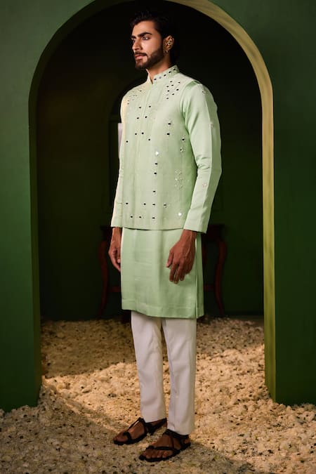 Shreyansh Designs Mint Dupion, Silk Mirrors, Embroidery Ananta Work Bundi Set Online at Aza Fashions Shreyansh Designs_Mint Dupion, Silk Mirrors, Embroidery Ananta Work Bundi Set _Online_at_Aza_Fashions