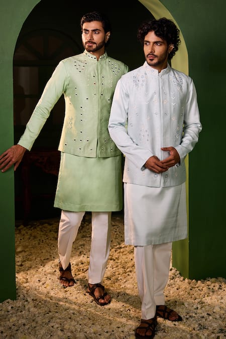 Shop Shreyansh Designs Mint Dupion, Silk Mirrors, Embroidery Ananta Work Bundi Set Online at Aza Fashions Shop_Shreyansh Designs_Mint Dupion, Silk Mirrors, Embroidery Ananta Work Bundi Set _Online_at_Aza_Fashions