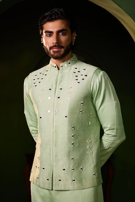 Shreyansh Designs Mint Dupion, Silk Mirrors, Embroidery Ananta Work Bundi Set at Aza Fashions Shreyansh Designs_Mint Dupion, Silk Mirrors, Embroidery Ananta Work Bundi Set _at_Aza_Fashions