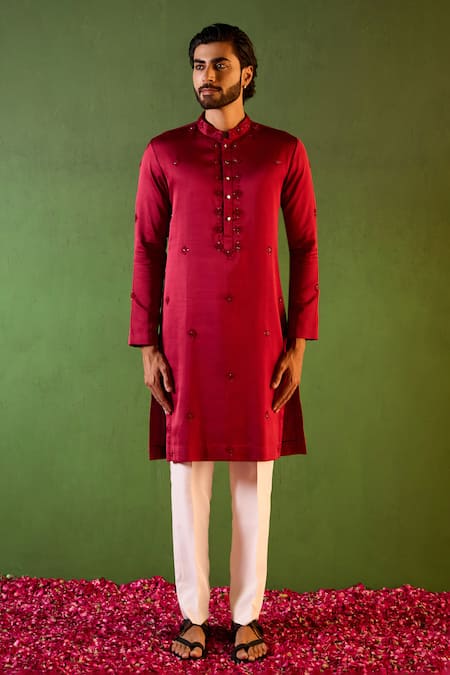 Shreyansh Designs Wine Silk Embroidery Hriday Floral Kurta Set at Aza Fashions Shreyansh Designs_Wine Silk Embroidery Hriday Floral Kurta Set _at_Aza_Fashions