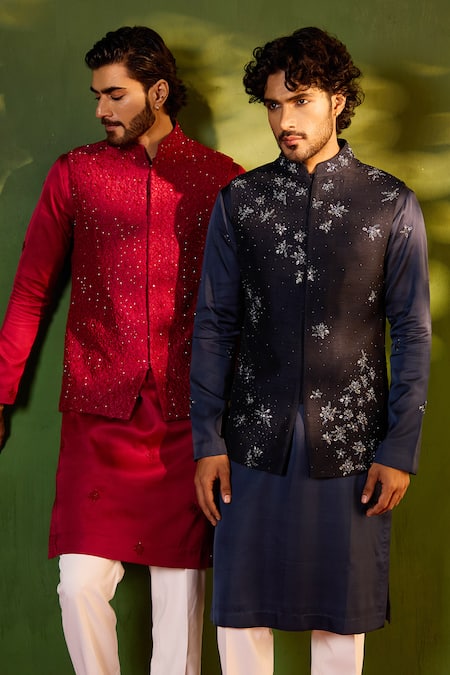 Shreyansh Designs_Wine Dupion, Silk Beads, Embroidery Hridyanshu Bundi And Kurta Set _Online_at_Aza_Fashions