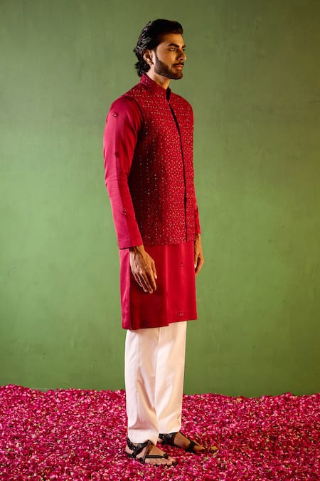 Buy_Shreyansh Designs_Wine Dupion, Silk Beads, Embroidery Hridyanshu Bundi And Kurta Set _Online_at_Aza_Fashions