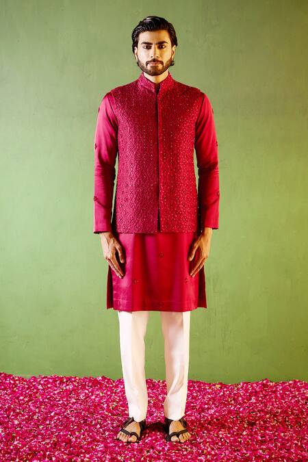 Shop_Shreyansh Designs_Wine Dupion, Silk Beads, Embroidery Hridyanshu Bundi And Kurta Set _Online_at_Aza_Fashions