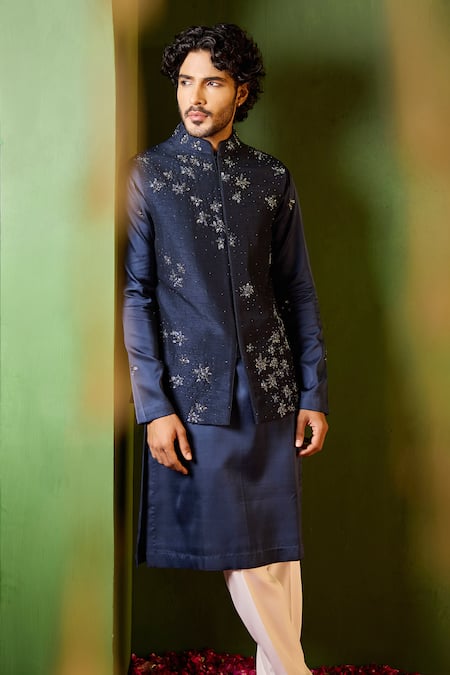 Shreyansh Designs_Blue Dupion, Silk Embroidery, Beads Paritosh Floral Bundi And Kurta Set _Online_at_Aza_Fashions