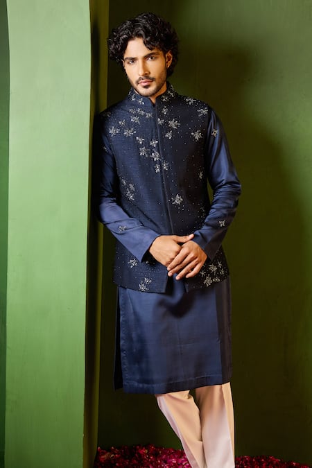 Buy_Shreyansh Designs_Blue Dupion, Silk Embroidery, Beads Paritosh Floral Bundi And Kurta Set _Online_at_Aza_Fashions