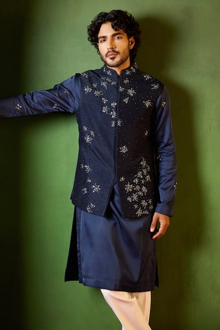 Shop_Shreyansh Designs_Blue Dupion, Silk Embroidery, Beads Paritosh Floral Bundi And Kurta Set _Online_at_Aza_Fashions