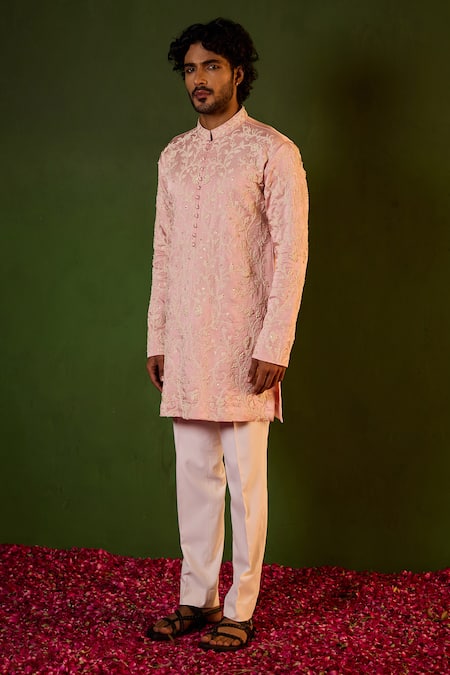 Shreyansh Designs_Pink Silk Embroidery Prem Floral Jaal Kurta Set _Online_at_Aza_Fashions