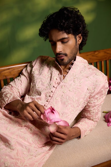 Buy_Shreyansh Designs_Pink Silk Embroidery Prem Floral Jaal Kurta Set _Online_at_Aza_Fashions