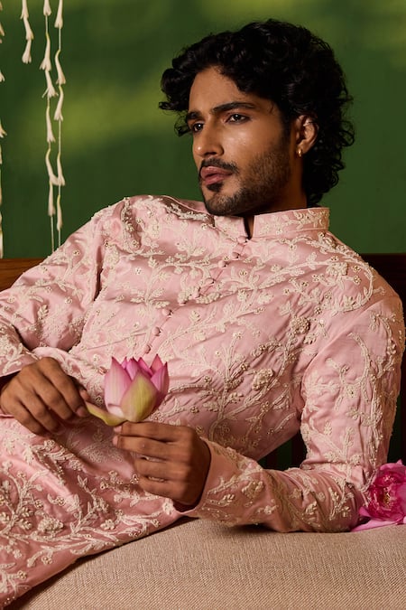 Shop_Shreyansh Designs_Pink Silk Embroidery Prem Floral Jaal Kurta Set _Online_at_Aza_Fashions