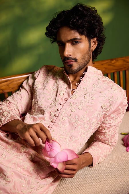 Shreyansh Designs_Pink Silk Embroidery Prem Floral Jaal Kurta Set _at_Aza_Fashions